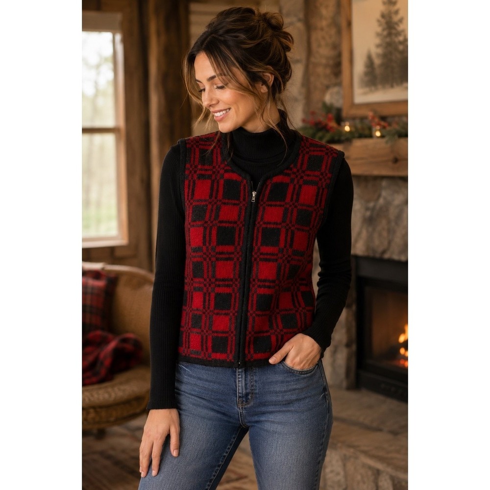 Casual Corner Lambswool Plaid Sweater Vest XL Red Black Zip Front Tartan